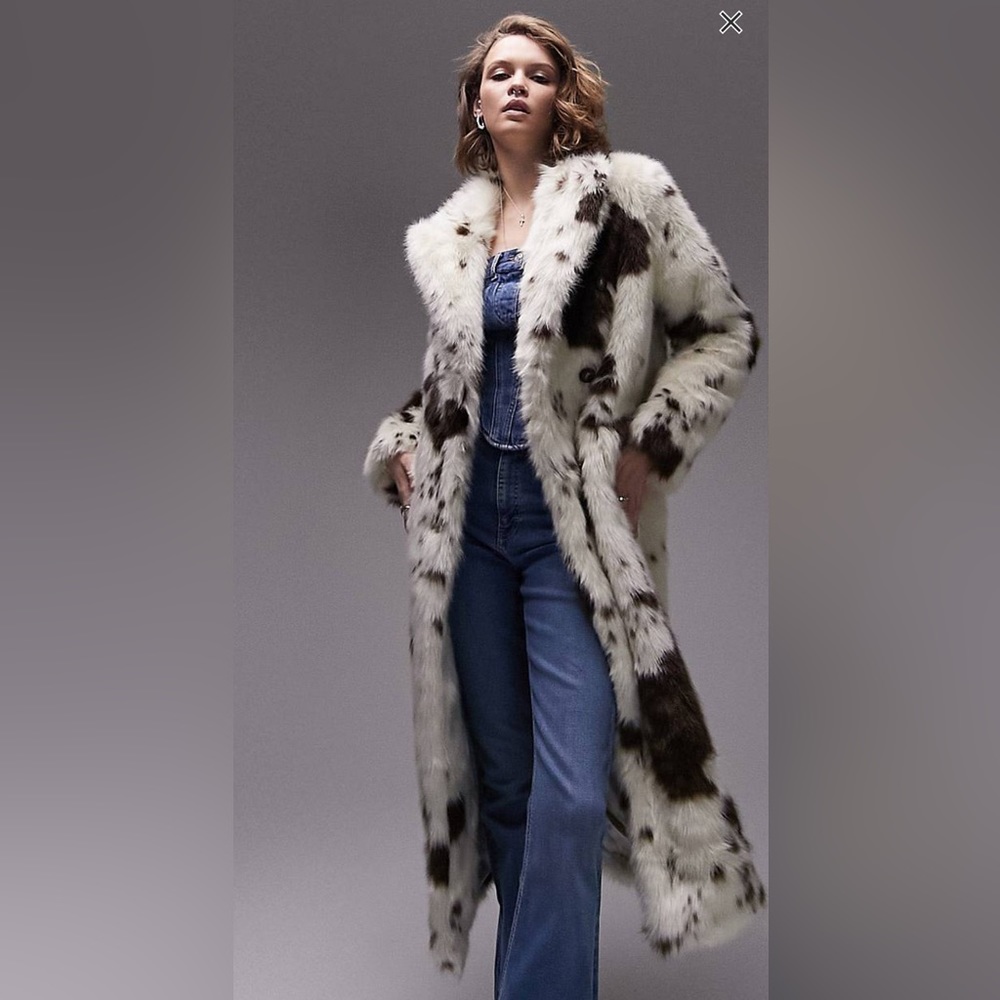 Topshop faux fur fake fur cow print long coat size 6
